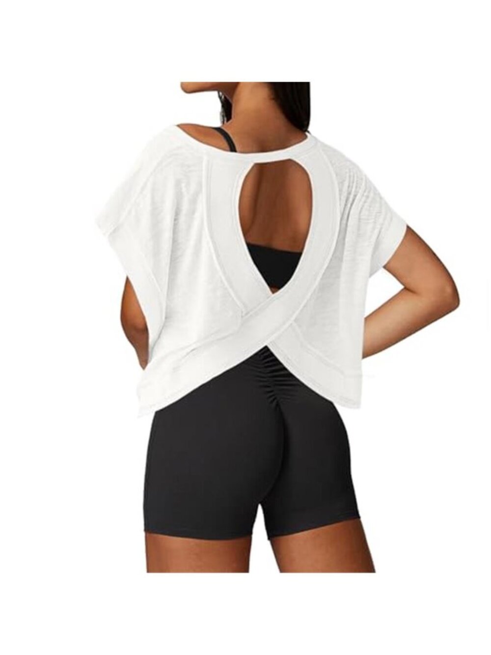 Womens Open Back Crop Top Ribbed Workout Shirt Yoga Gym Athletic Activewear